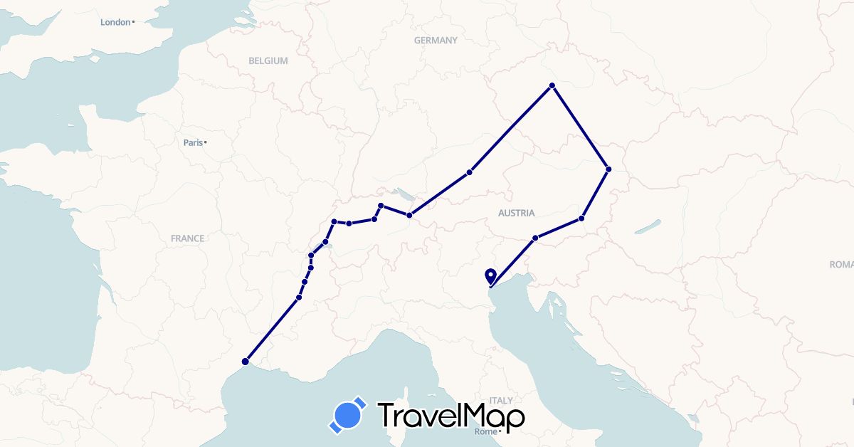 TravelMap itinerary: driving in Austria, Switzerland, Czech Republic, Germany, France, Italy, Liechtenstein (Europe)