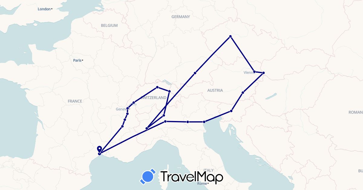 TravelMap itinerary: driving in Austria, Switzerland, Czech Republic, France, Italy, Liechtenstein, Slovenia, Slovakia (Europe)